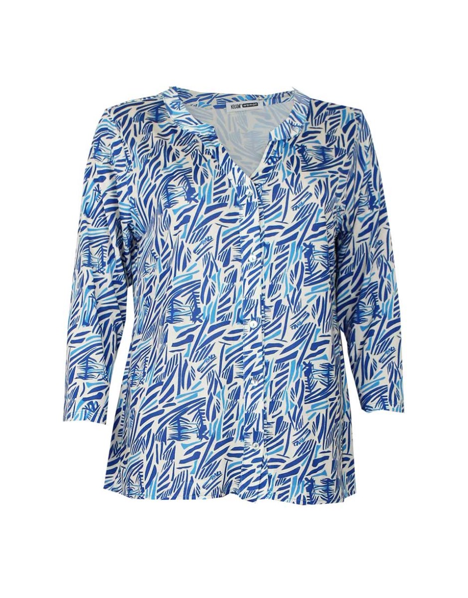 Blusa mujer punto cuello mao, manga 3/4 estampado azul