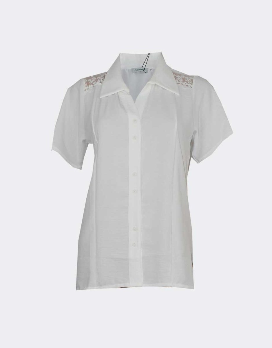 Blusa mujer manga corta cuello camisero con detalle blonda en el hombro - Imagen 3