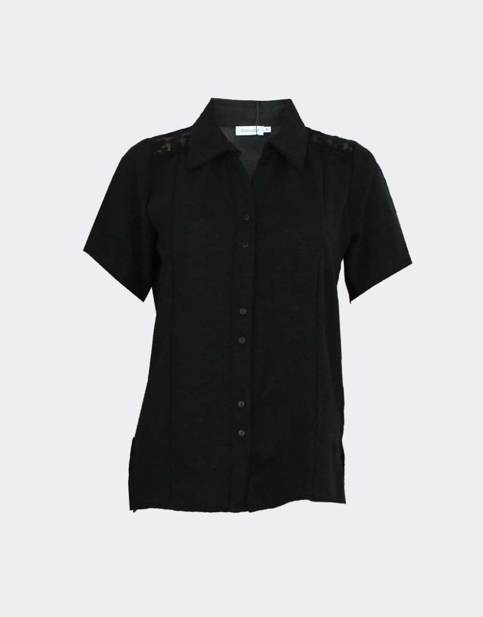 Blusa mujer manga corta cuello camisero con detalle blonda en el hombro - Imagen 2