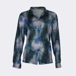 Blusa mujer punto cuello solapa estampado abstracto difuminados azulados y grises