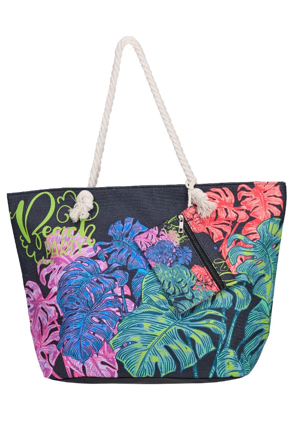 Bolso Playa Rasdemar 26602 – Maxi Bolso Negro Hojas Coloreadas Neón con Monedero