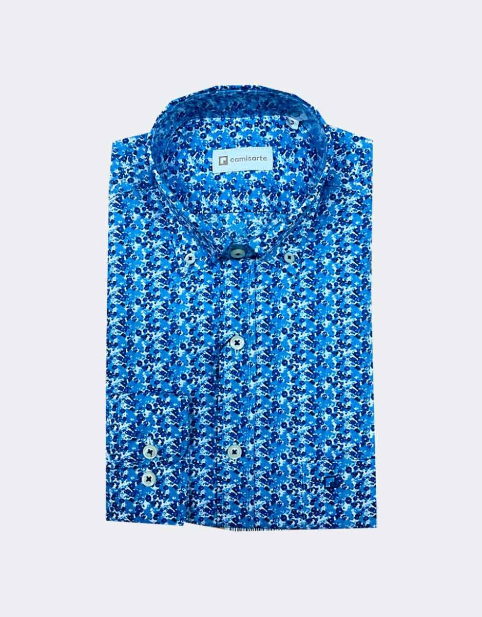 Camisa hombre tela fina manga larga estampado florecitas en azul - Imagen 3