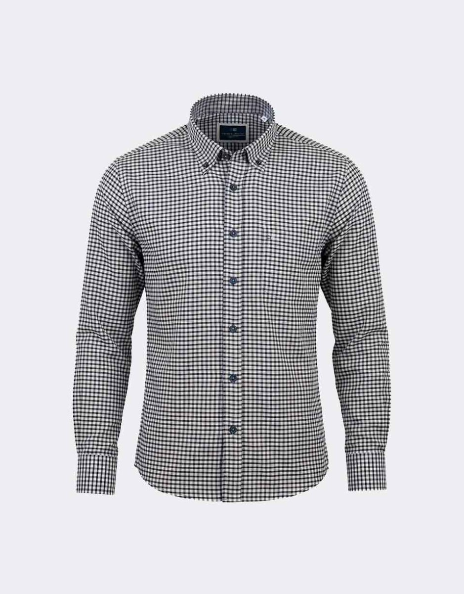 Camisa hombre tela fina manga larga con cuadros pequeños en tonos marrón y marino - Imagen 3