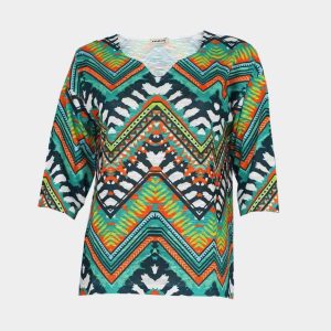 Camiseta mujer punto manga 3/4 escote pico estampado tribal de colores vivos