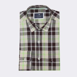 Camisa hombre manga larga TELA fina en cuadros marrones, beiges y verdes