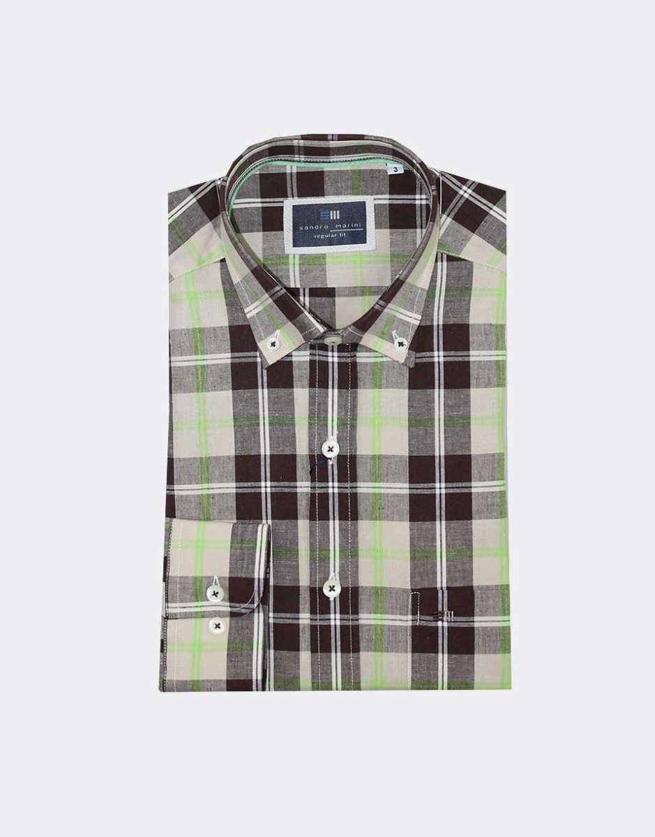 Camisa hombre manga larga TELA fina en cuadros marrones, beiges y verdes