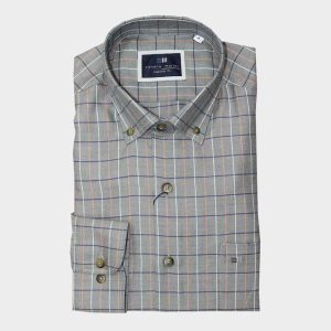 Camisa de hombre de VIELLA cuadros pequeños en verdoso, marronoso en fondo beig