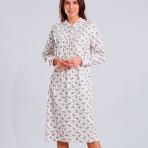 Camisón mujer punto felpa cuello mao  tapeta, canesú y pliegues, estampado de ramilletes