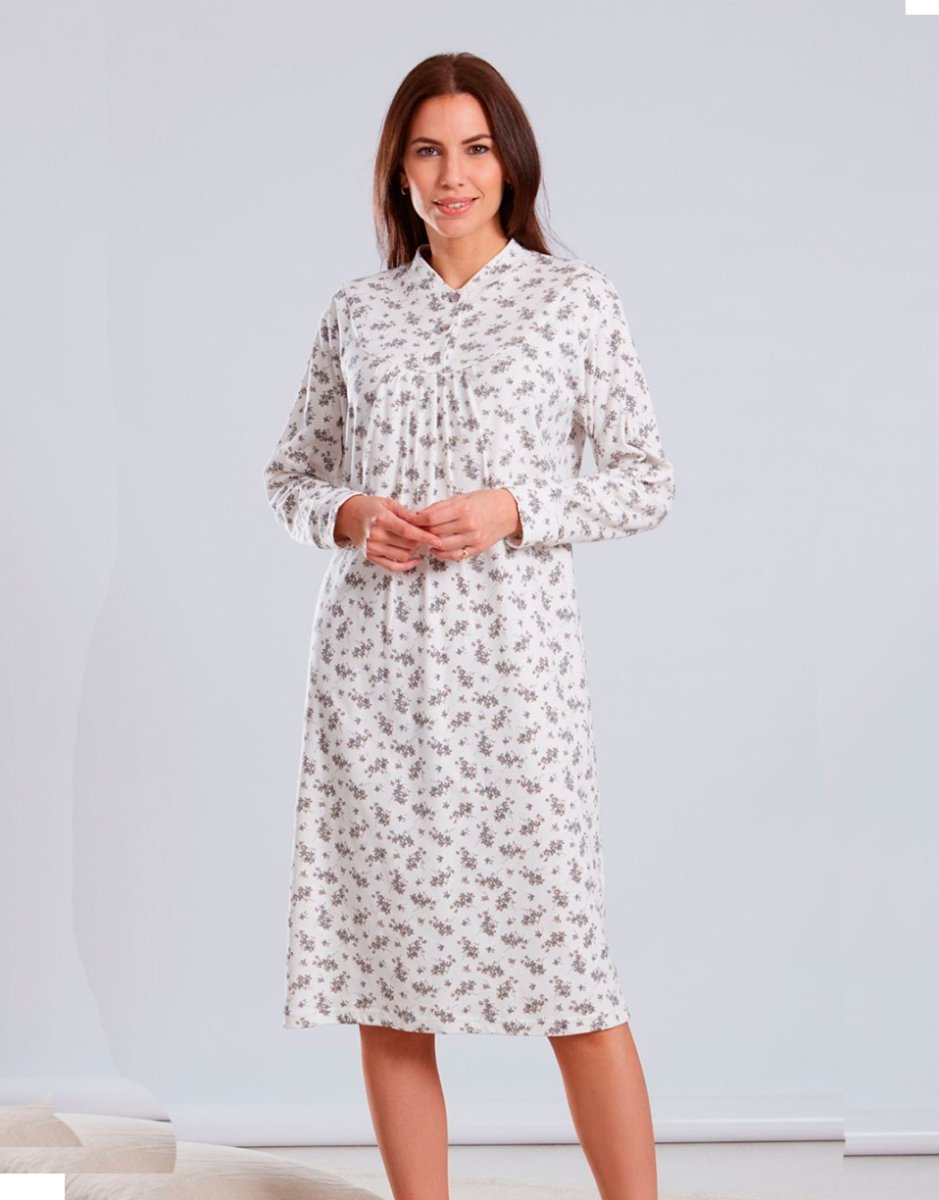 Camisón mujer punto felpa cuello mao tapeta, canesú y pliegues, estampado de ramilletes - Imagen 2