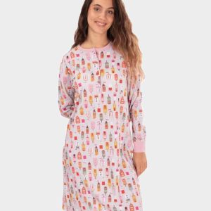 Camisón de mujer punto felpa con tapeta botones estampado casas