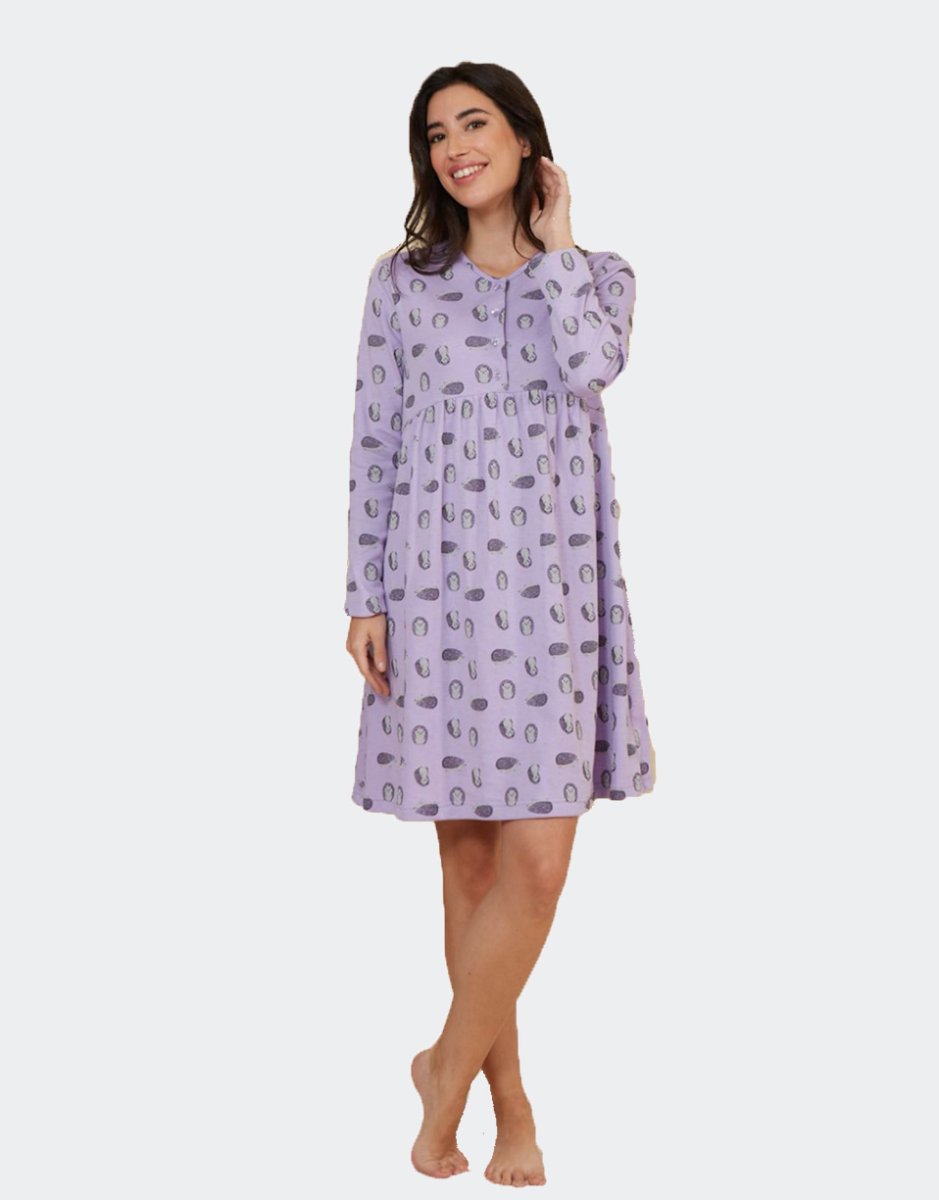 Camisón mujer punto felpa, tapeta y canesú, estampado erizos - Imagen 2