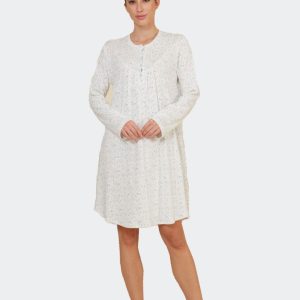 Camisón mujer punto felpa, tapeta, canesú y pliegues, estampado ramitas y flores
