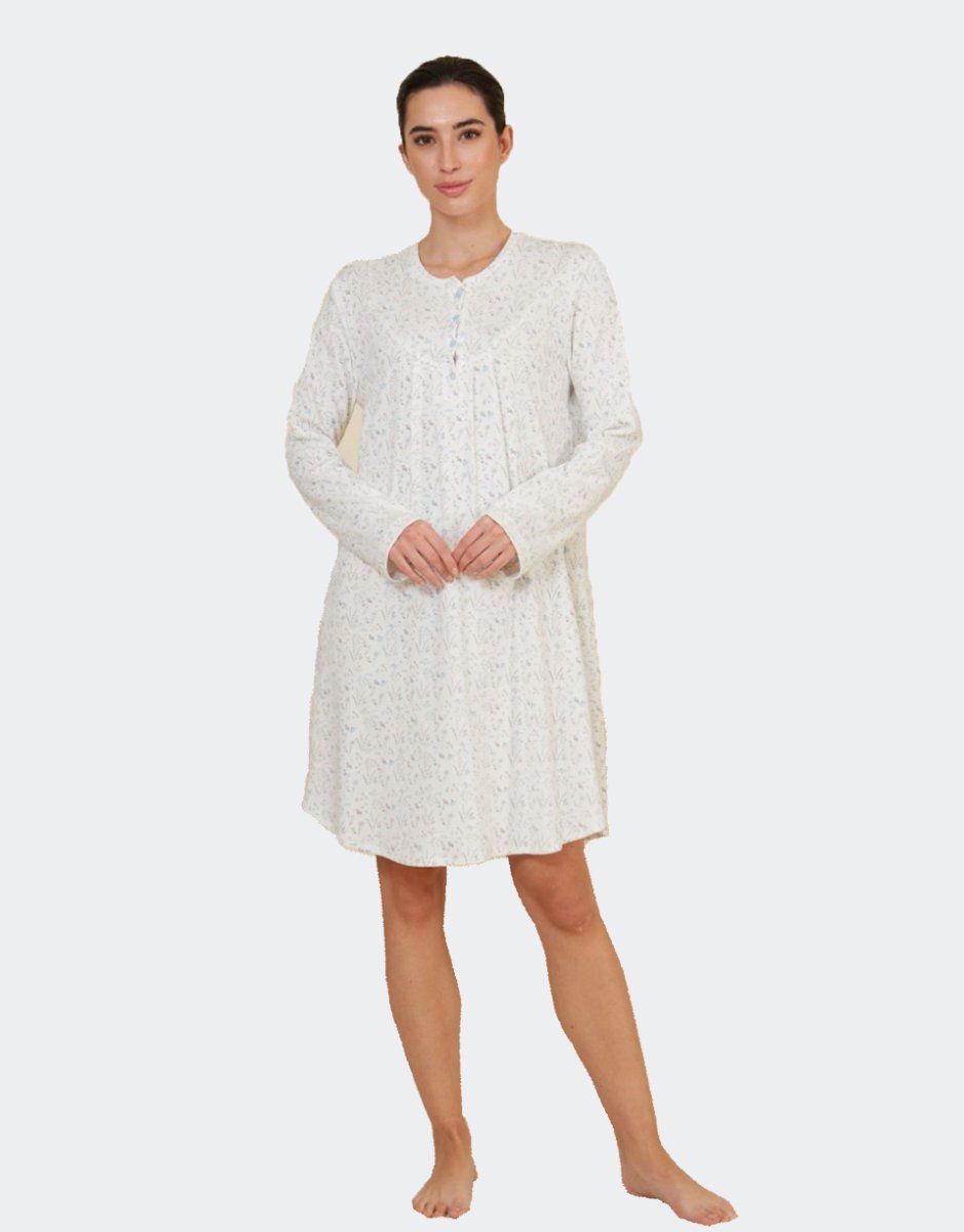 Camisón mujer punto felpa, tapeta, canesú y pliegues, estampado ramitas y flores - Imagen 2