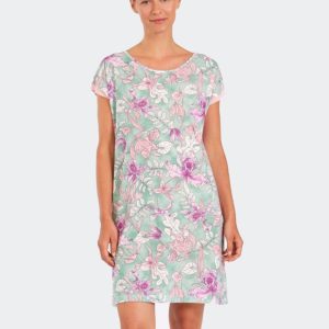 Camisón mujer manga caída fondo verde con flores lilas y rosas