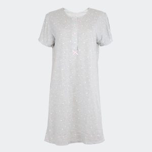 Camisón punto mujer manga con tapeta con botones corta gris estampada de florecitas