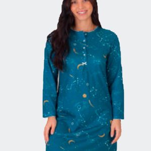 Camisón mujer punto fino manga larga con abertura botones y pliegue estampado constalaciones