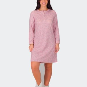 Camisón mujer punto felpa abertura con botones con bolsillos, rosado con estampado florecitas