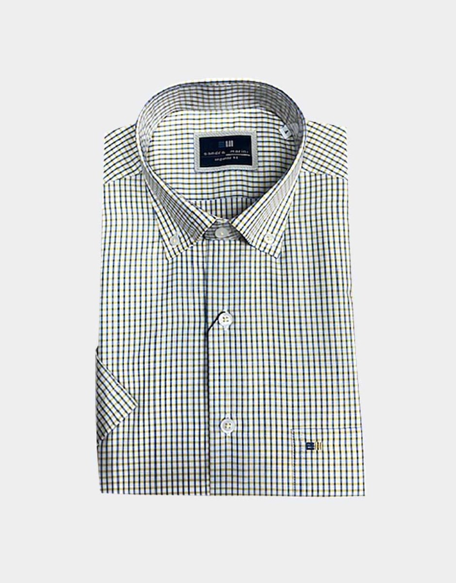 Camisa hombre manga corta cuadros azules - Imagen 3