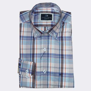 Camisa tela fina hombre MANGA LARGA cuadros en naranja y marrón