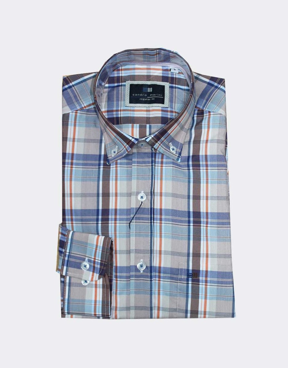 Camisa tela fina hombre MANGA LARGA cuadros en naranja y marrón