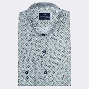 Camisa MANGA LARGA hombre tela fina estampado pequeños círculos tonos marrones