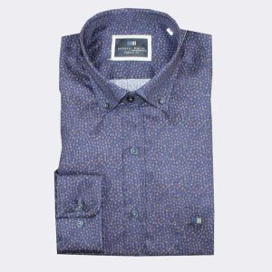 Camisa hombre tela fina manga larga color marino con cuadraditos