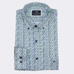 Camisa hombre  fina manga larga, estampado ‘círculos’ azul-verde