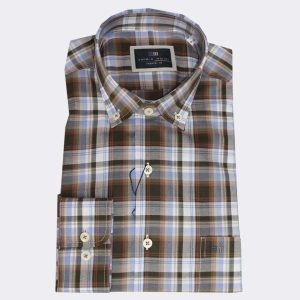 Camisa manga larga hombre tela fina  cuadros en celeste y marrón