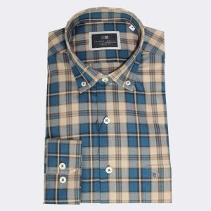 Camisa hombre fina tela  manga larga en cuadros turquesa y marrón