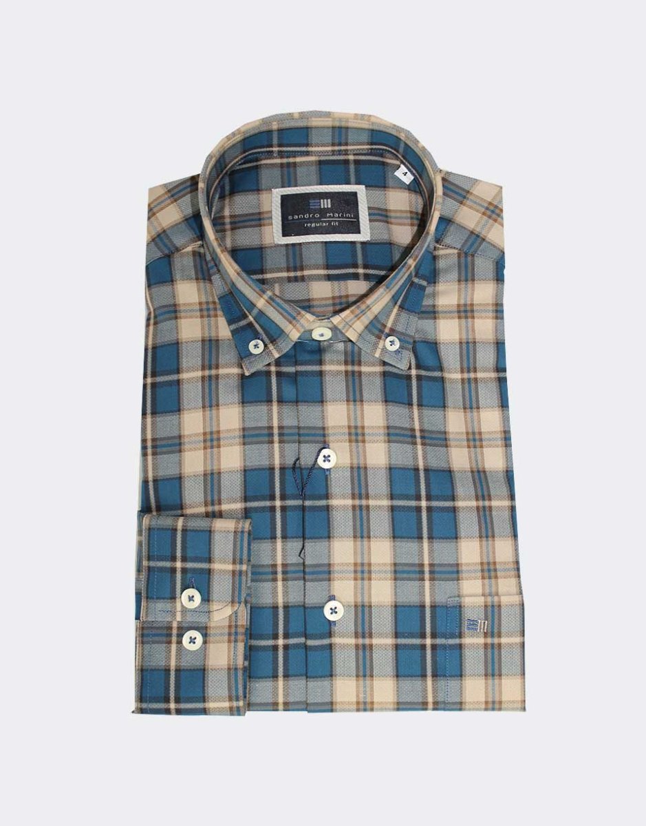 Camisa hombre fina tela manga larga en cuadros turquesa y marrón