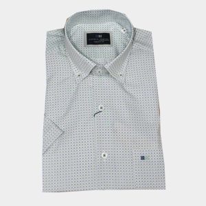 Camisa hombre manga corta estamppado triángulos ovalados pequeños azul y verde