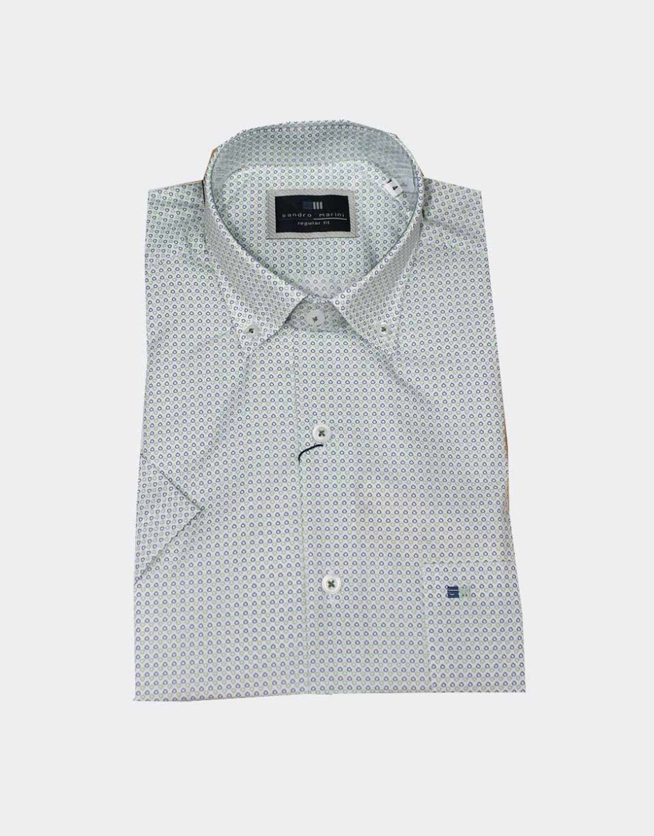 Camisa hombre manga corta estamppado triángulos ovalados pequeños azul y verde