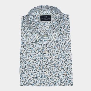 Camisa manga corta hombre estampado florecitas azules-beig