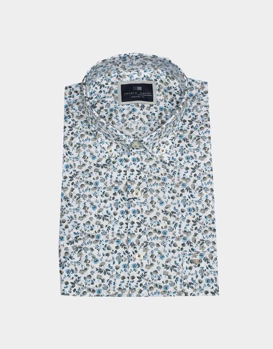 Camisa manga corta hombre estampado florecitas azules-beig