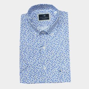 Camisa hombre manga corta estampado triangulitos azul y beig