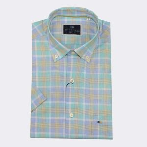 Camisa hombre MANGA CORTA cuadros celeste, verde agua y amarillo