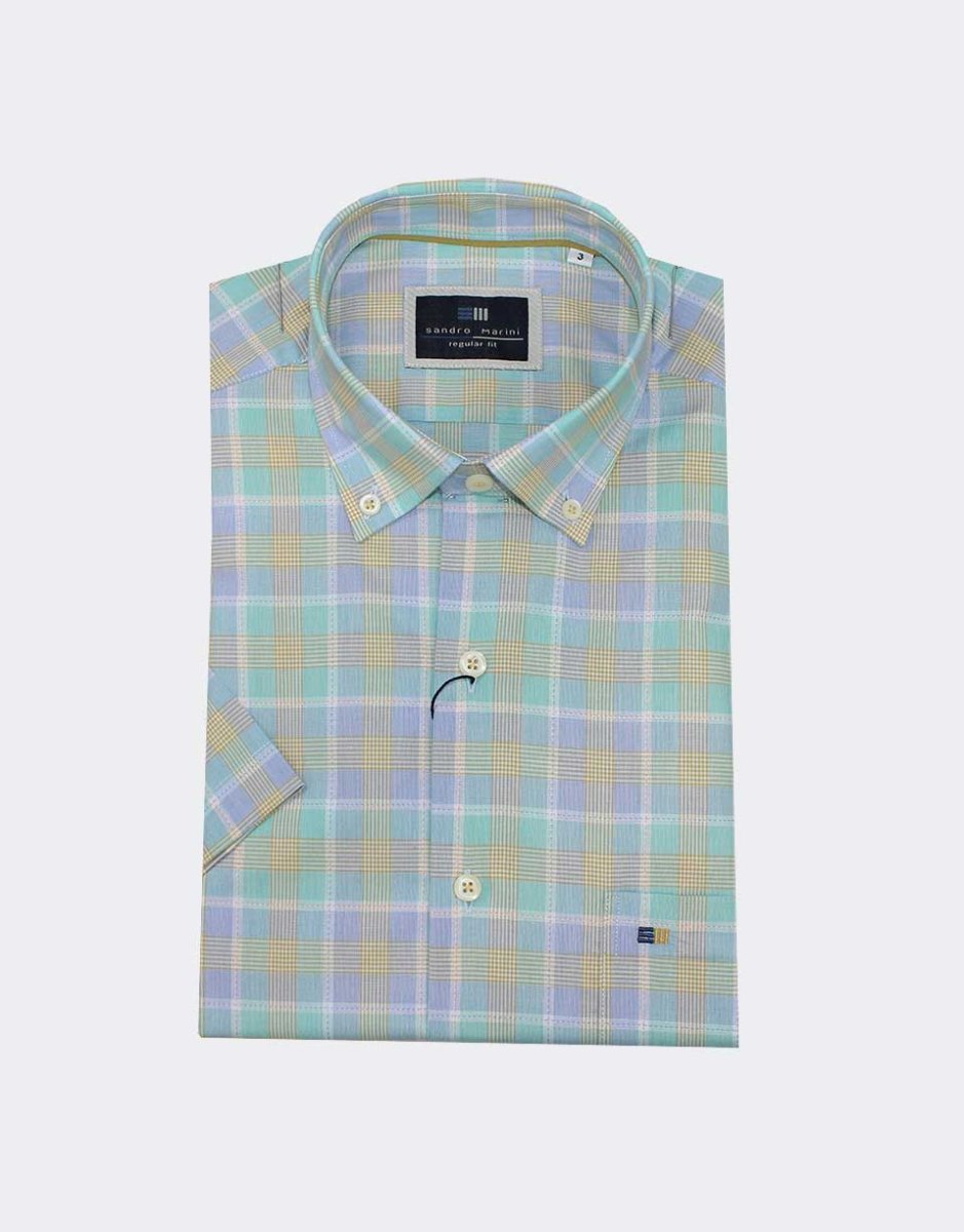 Camisa hombre MANGA CORTA cuadros celeste, verde agua y amarillo