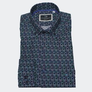 Camisa hombre manga larga TELA de fondo marino con círculos verde azul