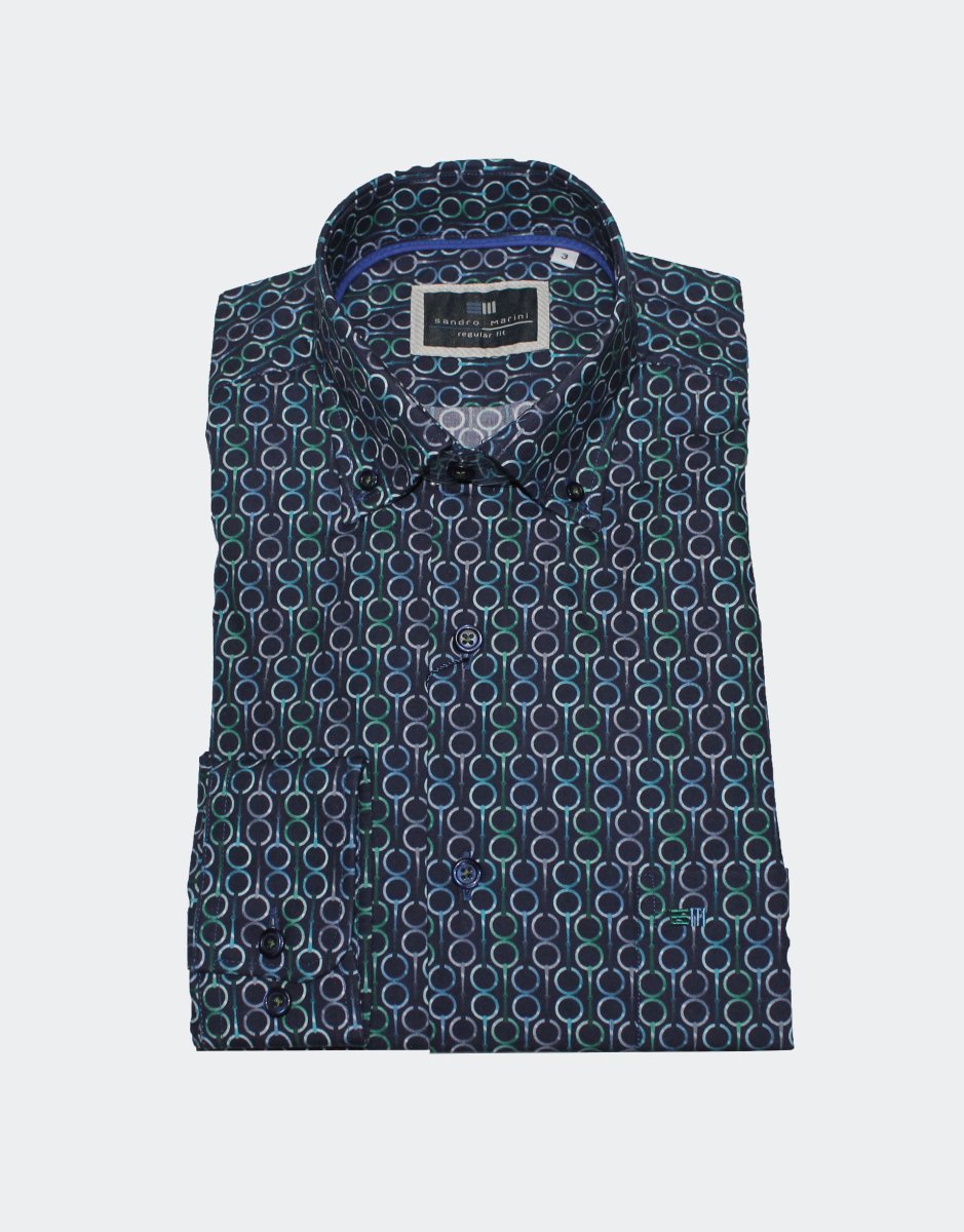 Camisa hombre manga larga TELA de fondo marino con círculos verde azul - Imagen 2