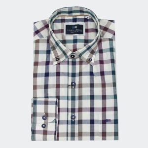 Camisa hombre manga larga TELA cuadros medianos fondo crudo