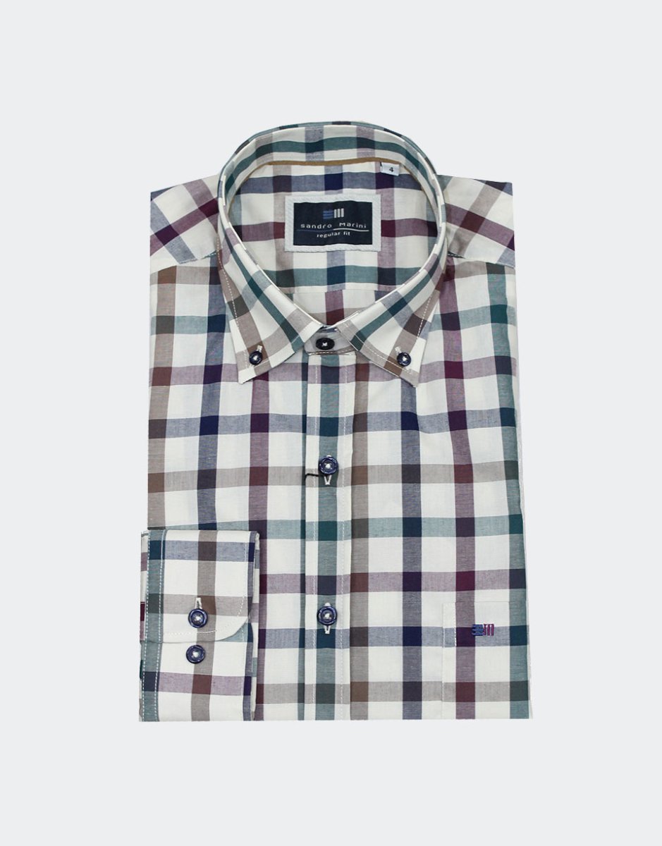 Camisa hombre manga larga TELA cuadros medianos fondo crudo - Imagen 2
