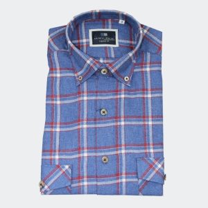 Camisa hombre manga larga FRANELA de fondo color con cuadros medianos con dos bolsillos