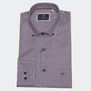 Camisa hombre manga larga VIELLA cuadritos pequeños en granate y fondo blanco