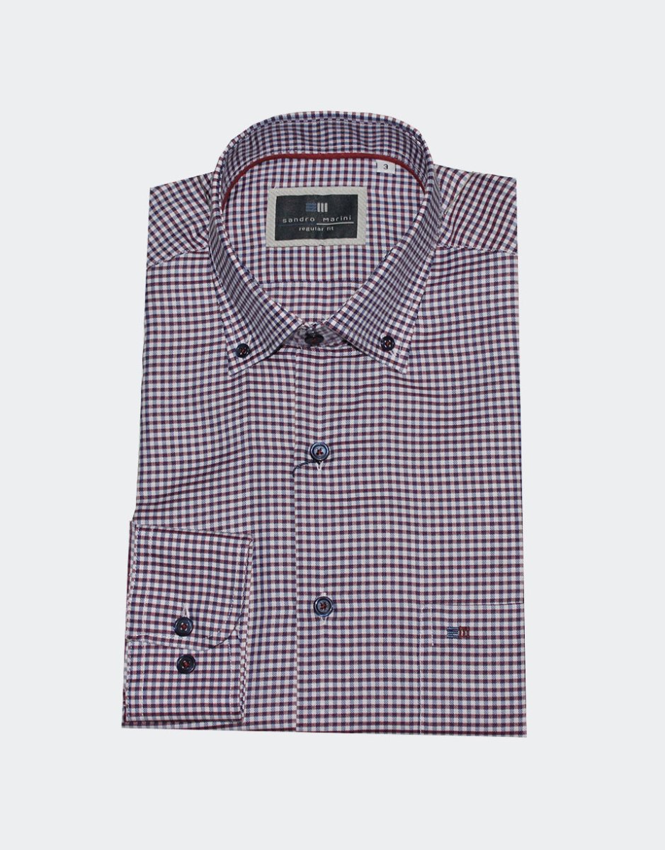 Camisa hombre manga larga VIELLA cuadritos pequeños en granate y fondo blanco - Imagen 2