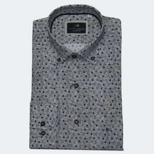 Camisa hombre manga larga TELA estampada redonditas amarillas, esteriscos azules, rombo blanco