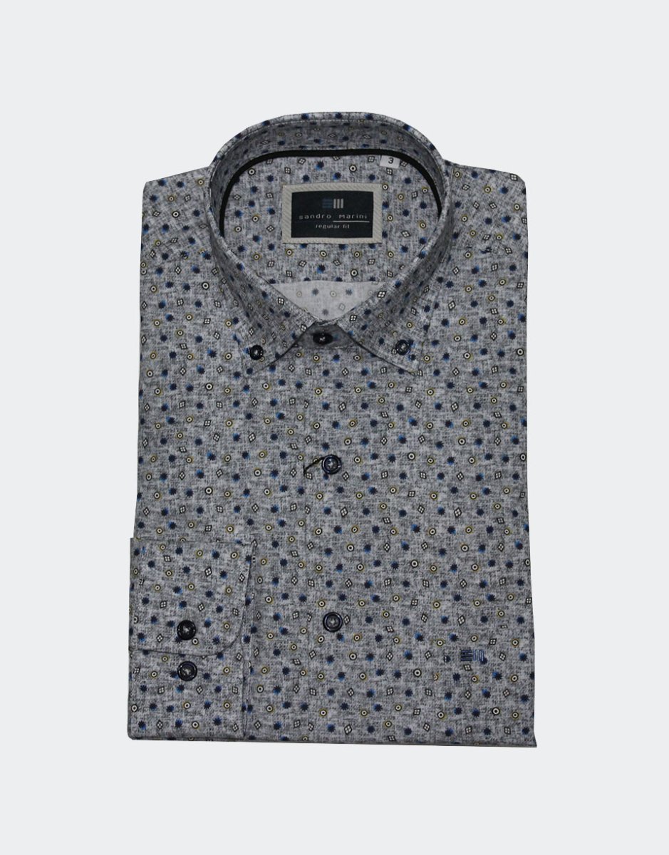Camisa hombre manga larga TELA estampada redonditas amarillas, esteriscos azules, rombo blanco - Imagen 2