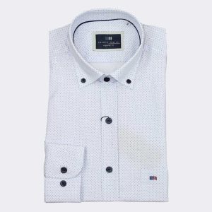Camisa hombre TELA fina manga larga cuadro fino azul con puntitos en granate y azul