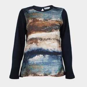 Jersey de mujer de punto cuello redondo delantero estampado abstracto ‘brisa marina’ con detalle brillantes