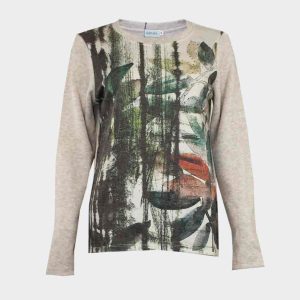 Jersey mujer de punto cuello redondo estampado delantero abstracto’naturaleza’ en tonos verdes y marrones con detalle pequeñas tachuelas