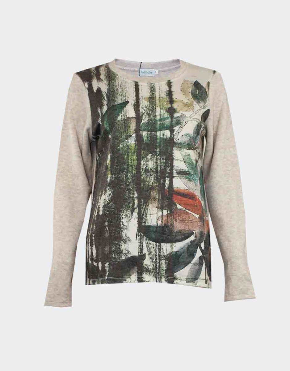 Jersey mujer de punto cuello redondo estampado delantero abstracto’naturaleza’ en tonos verdes y marrones con detalle pequeñas tachuelas - Imagen 2